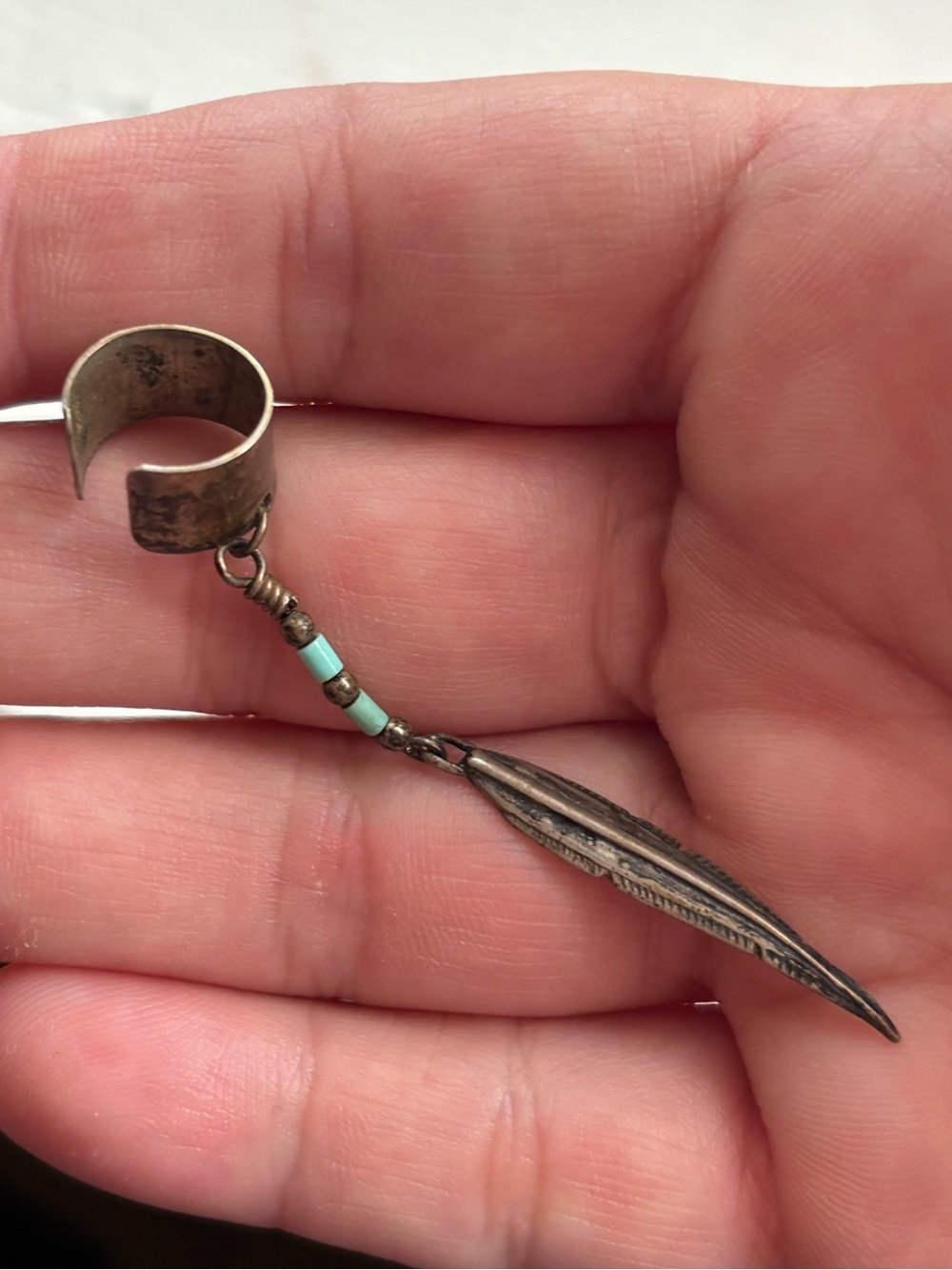 Vintage Sterling Silver Turquoise Beaded Feather Ear Cuff Dangle Southwestern
